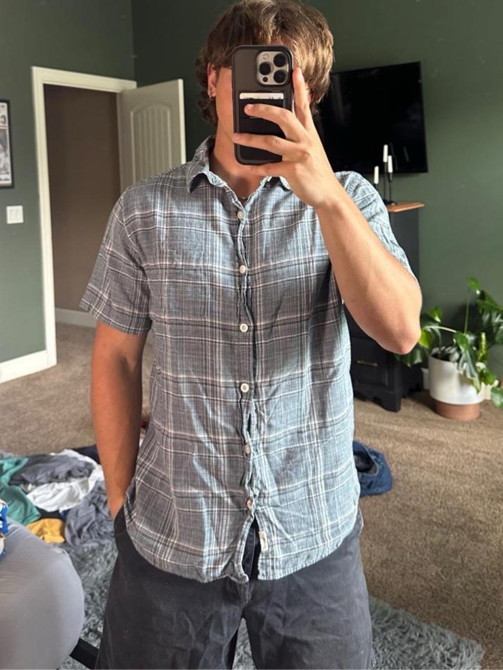 Weatherproof Blue Plaid Short-Sleeve Button-Down Shirt